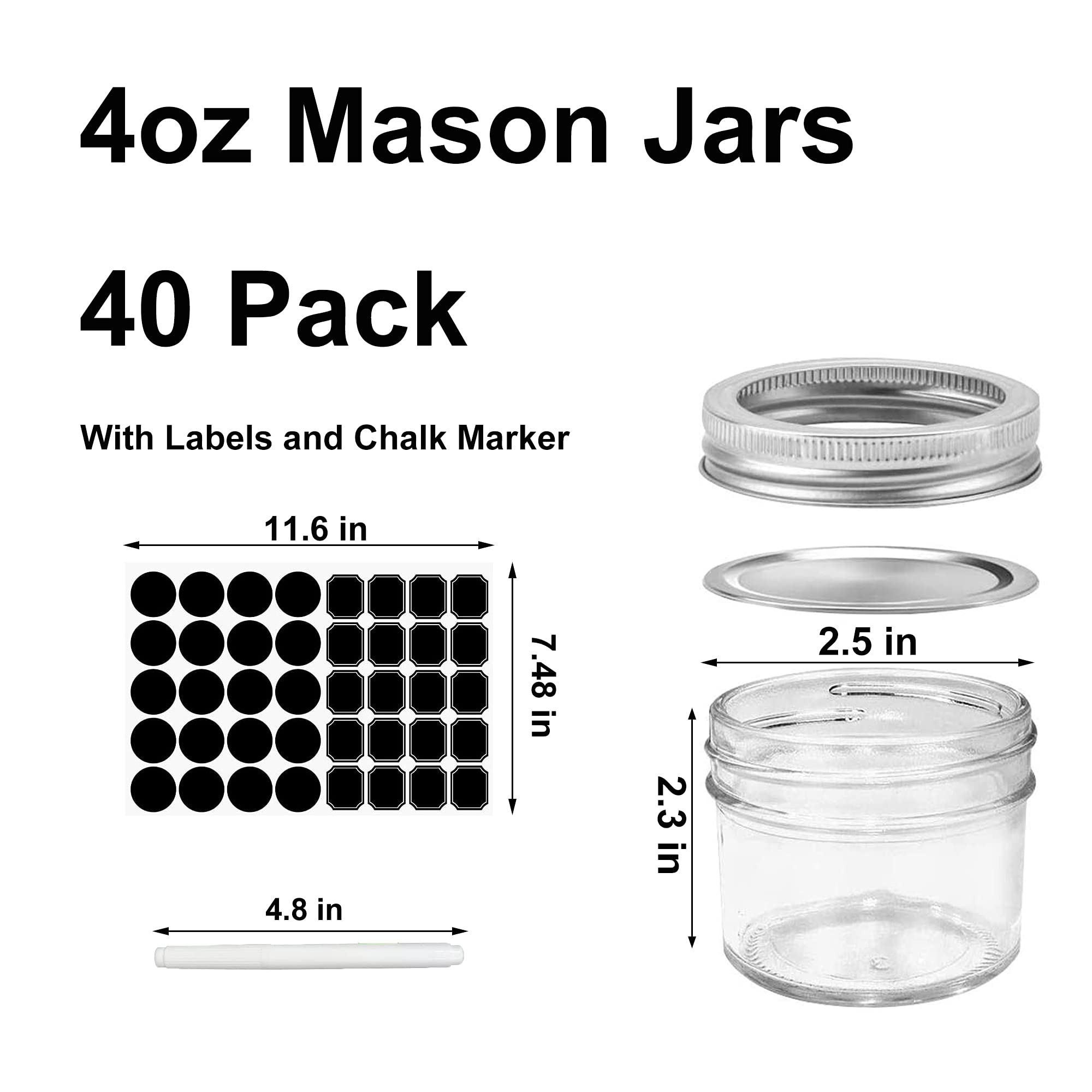 Josisi 4oz Mason Jars, 40pcs Glass Round Canning Jars with Silver Regular Lids and Bands, Jam, Jelly Containers for Honey, Yogurt and Wedding Favors