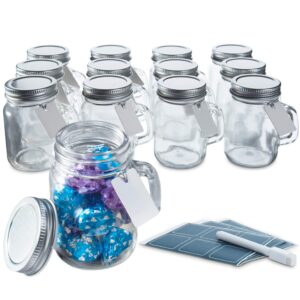 otis classic glass mason jars - mini mason jar glasses with lids & handles for halloween decorations & fall décor, 3.4 ounce pack of 12 mini mason jars with 18 chalkboard stickers, 20 labels & pen
