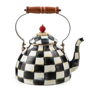 mackenzie-childs courtly check enamel tea kettle, decorative tea kettle, 3-quart capacity