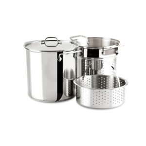 All-Clad Specialty Stainless Steel Stockpot, Multi-Pot with Strainer 8 Quart Induction Oven Broiler Safe 600F Strainer, Pasta Strainer with Handle, Pots and Pans Silver