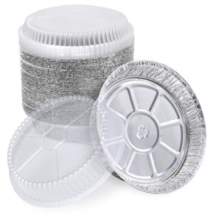 fit meal prep 45 pack 9” round aluminum foil pans with clear dome lids, pie tins disposable 9 inch with lids, take out containers, freezer oven safe aluminum baking pans for storing, cooking, storage