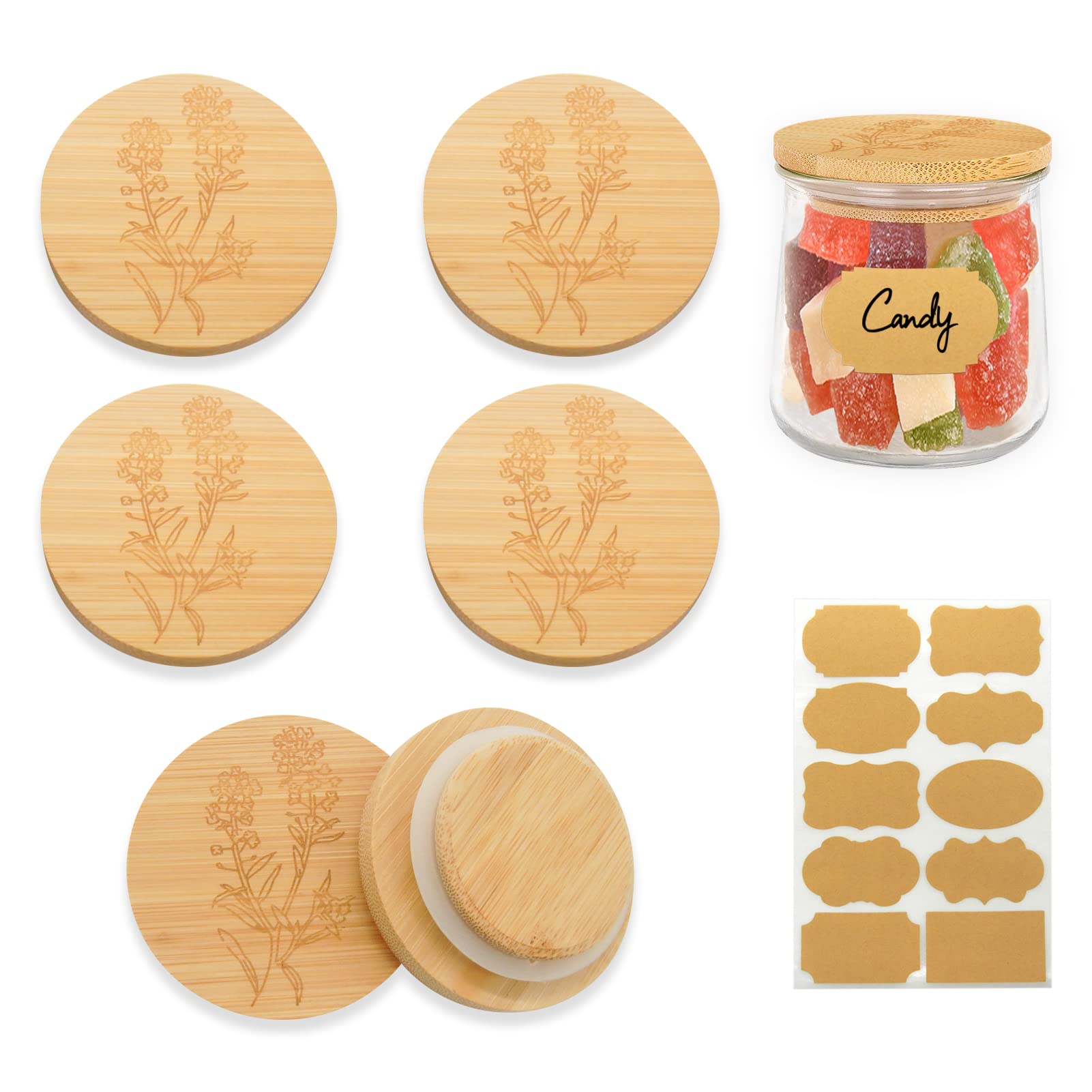 XIFEPFR Oui Yogurt Jar Lids Set, 6 Pack Bamboo Jar Lids with Silicone Sealing Ring for Perfect Airtight Cookie Coffee Glass Storage Lids, Wooden Lids for Oui Yogurt Jars with Label, Lavender Pattern