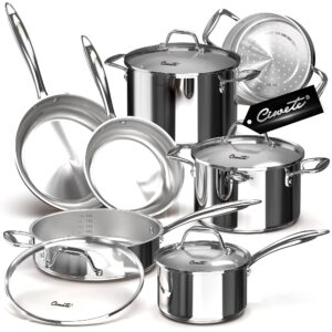 ciwete tri-ply stainless steel pots and pans set 11-pc, 18/10 stainless steel induction cookware set with steamer insert, kitchen cookware sets with stay cool ergonomic handles, dishwasher, oven safe