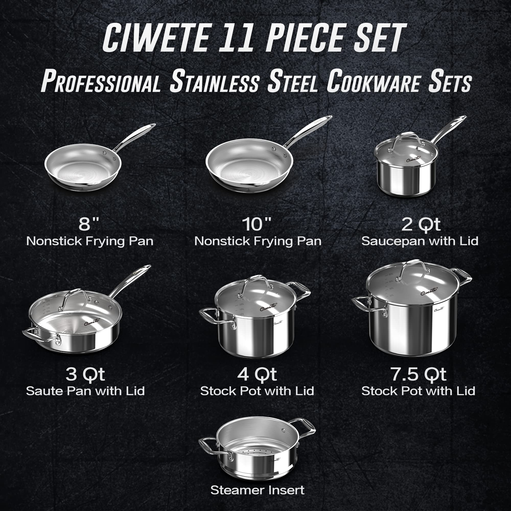 Ciwete Tri-Ply Stainless Steel Pots and Pans Set 11-PC, 18/10 Stainless Steel Induction Cookware Set with Steamer Insert, Kitchen Cookware Sets with Stay Cool Ergonomic Handles, Dishwasher, Oven Safe