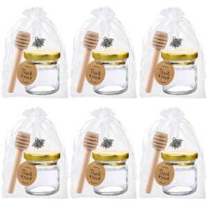 6 pack 1.5 oz mini glass honey jars with wood dipper - little wedding jars for baby shower party favors - small glass favor jars with airtight lids, bee pendant,gift bag, gold twist tie and tag