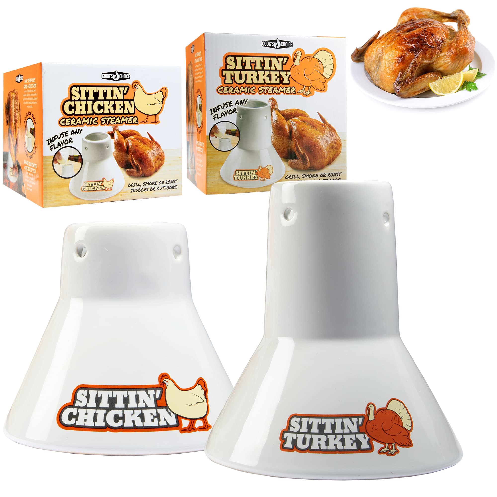 Sittin' Chicken & Turkey Ceramic Beer Can Roaster & Steamer Combo Pack- Easily Infuse flavors Into Your Meat- Wide Ceramic Base for Oven Or Grill Use- Great Meal Prep Accessories for BBQing & Grilling