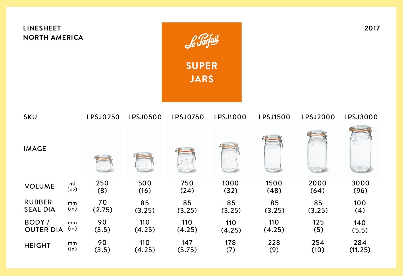 Le Parfait Super Jar - 3L French Glass Canning Jar w/Round Body, Airtight Rubber Seal & Glass Lid (96oz/3 Quarts, Single Jar)