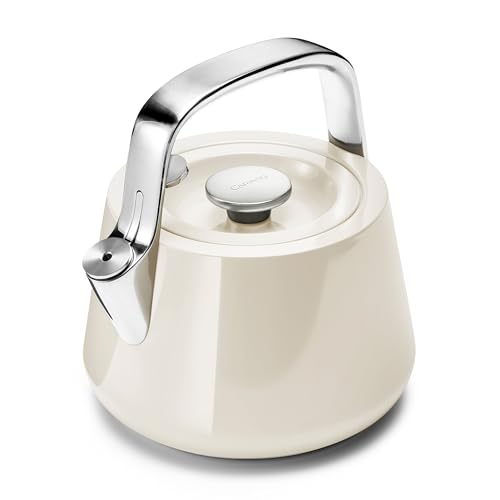 Caraway 2 Quart Whistling Tea Kettle - Durable Stainless Steel Tea Pot - Fast Boiling, Stovetop Agnostic - Non-Toxic, PTFE & PFOA Free - Includes Pot Holder - Cream