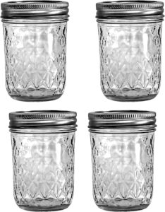 regular mouth mason jar 8 oz - (4 pack) - ball regular mouth mason jars with airtight lids and bands - for canning, fermenting, pickling, freezing - glass jar, microwave & dishwasher safe