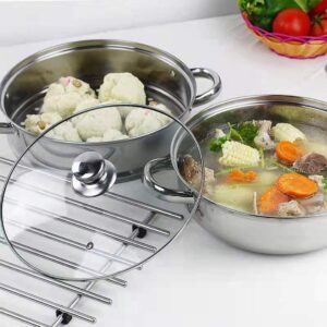 Stainless Steel Stack and Steam Pot Set - and Lid,Steamer Saucepot double boiler-2 Tier Steamer Pot Steaming Cookware -Steamer Pot Glass Lid Food Veg Cooker Pot Cooking Pan For Kitcken Cooking Tool