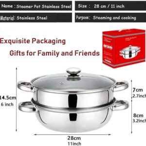 Stainless Steel Stack and Steam Pot Set - and Lid,Steamer Saucepot double boiler-2 Tier Steamer Pot Steaming Cookware -Steamer Pot Glass Lid Food Veg Cooker Pot Cooking Pan For Kitcken Cooking Tool