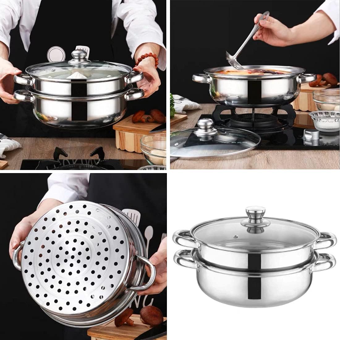 Stainless Steel Stack and Steam Pot Set - and Lid,Steamer Saucepot double boiler-2 Tier Steamer Pot Steaming Cookware -Steamer Pot Glass Lid Food Veg Cooker Pot Cooking Pan For Kitcken Cooking Tool