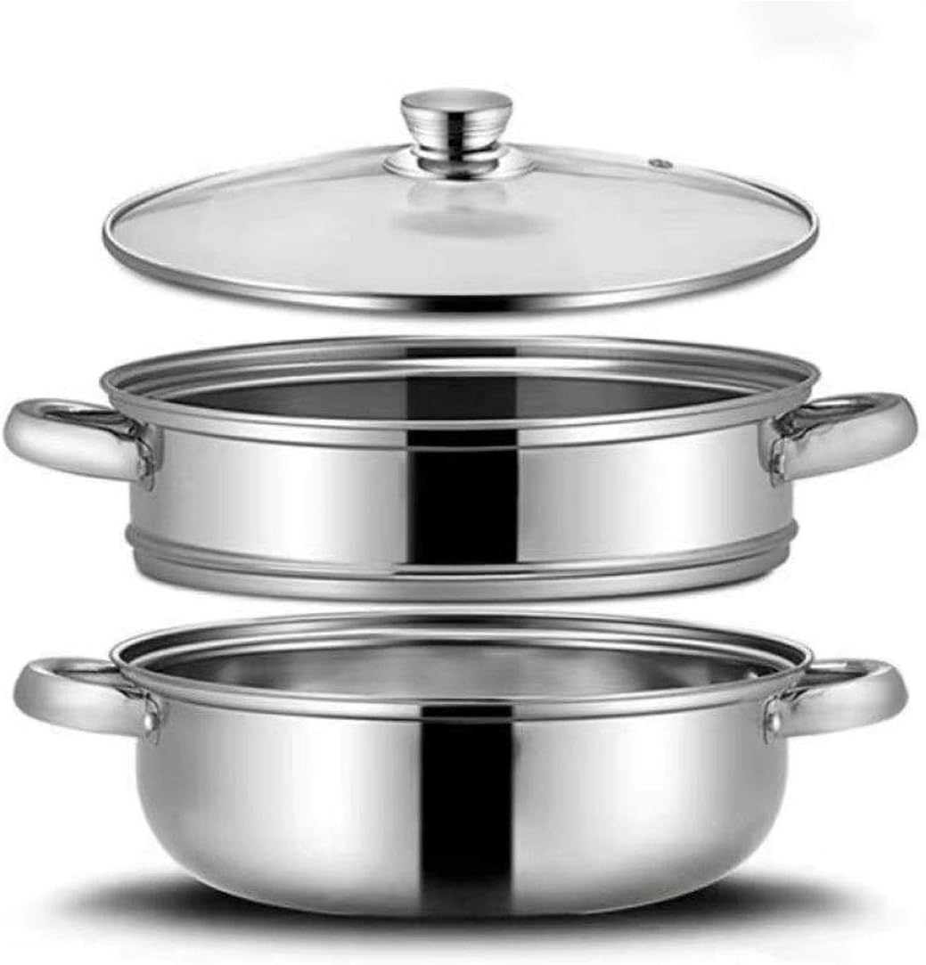 Stainless Steel Stack and Steam Pot Set - and Lid,Steamer Saucepot double boiler-2 Tier Steamer Pot Steaming Cookware -Steamer Pot Glass Lid Food Veg Cooker Pot Cooking Pan For Kitcken Cooking Tool