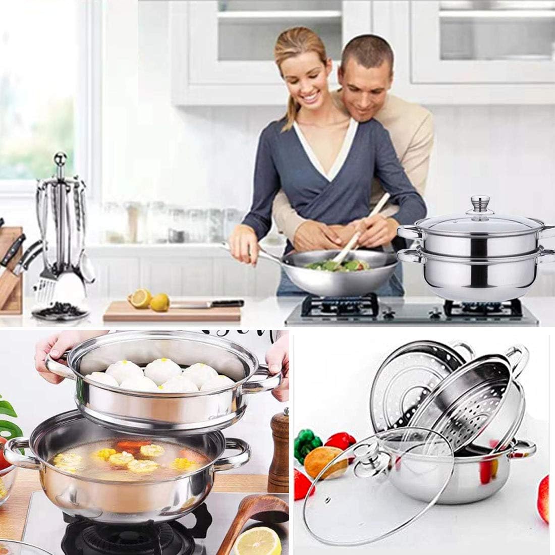 Stainless Steel Stack and Steam Pot Set - and Lid,Steamer Saucepot double boiler-2 Tier Steamer Pot Steaming Cookware -Steamer Pot Glass Lid Food Veg Cooker Pot Cooking Pan For Kitcken Cooking Tool