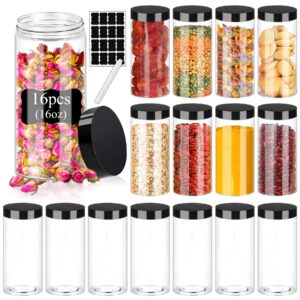 hajoyful plastic jars with lids 16oz 16pcs small empty slime cosmetics containers clear gift food jars round pet cream jars with black lids pen labels for kitchen storage spices dry food butter