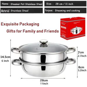 Stainless Steel Stack and Steam Pot Set - and Lid,Steamer Saucepot double boiler-2 Tier Steamer Pot Steaming Cookware -Steamer Pot Glass Lid Food Veg Cooker Pot Cooking Pan For Kitcken Cooking Tool