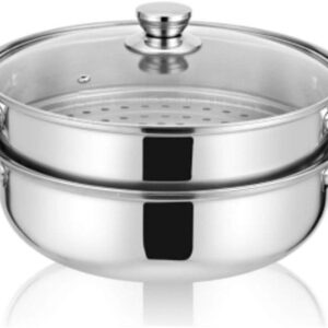 Stainless Steel Stack and Steam Pot Set - and Lid,Steamer Saucepot double boiler-2 Tier Steamer Pot Steaming Cookware -Steamer Pot Glass Lid Food Veg Cooker Pot Cooking Pan For Kitcken Cooking Tool