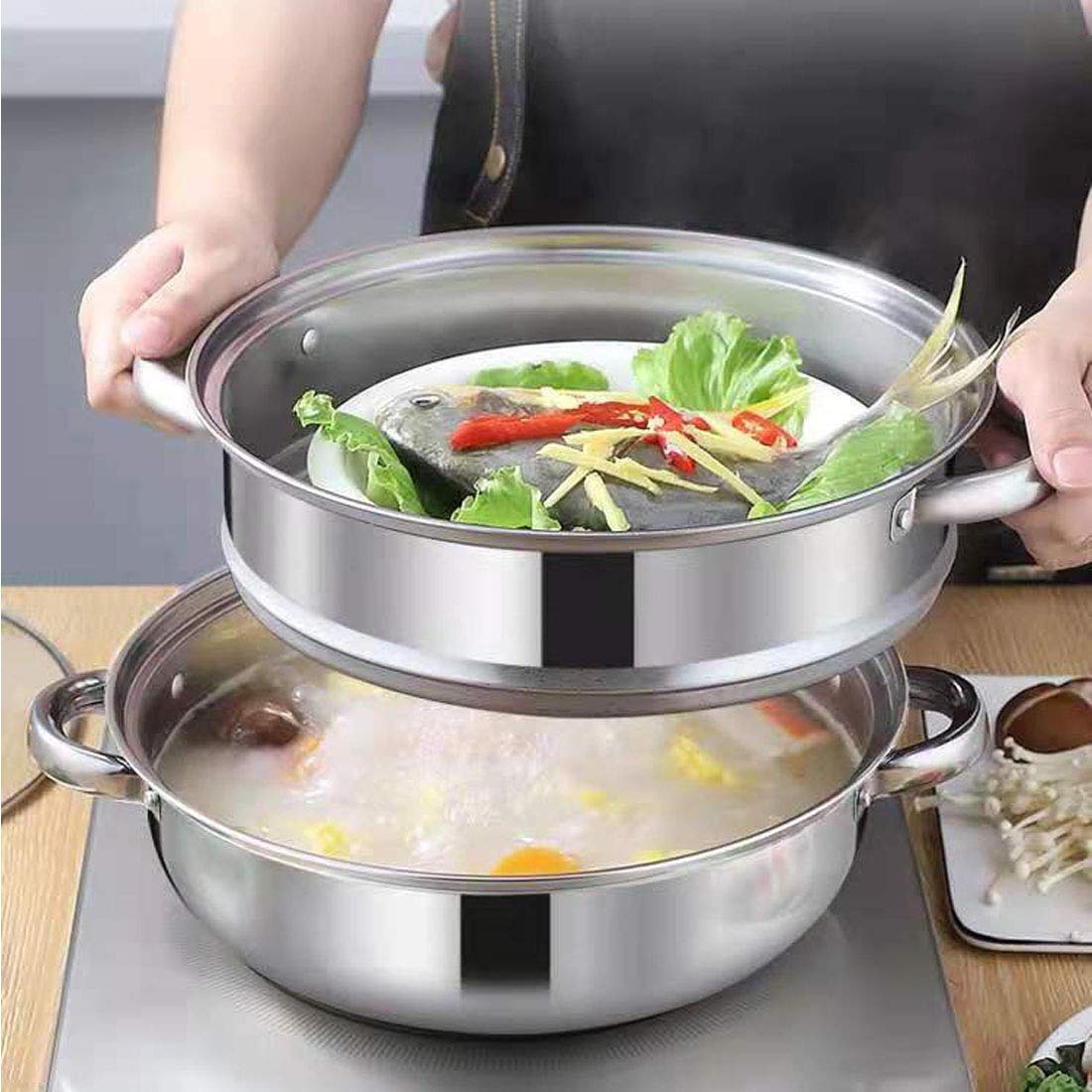 Stainless Steel Stack and Steam Pot Set - and Lid,Steamer Saucepot double boiler-2 Tier Steamer Pot Steaming Cookware -Steamer Pot Glass Lid Food Veg Cooker Pot Cooking Pan For Kitcken Cooking Tool