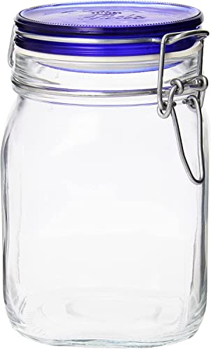 Bormioli Rocco Fido Square Jaw with Blue Lid, 33-3/4-Ounce, 33.75 Ounce, Clear