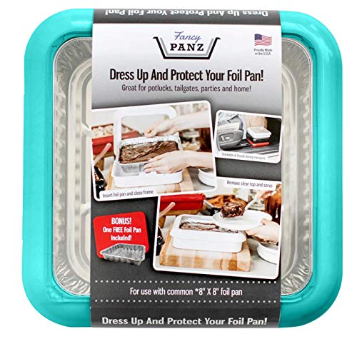 Fancy Panz 8x8, Dress Up & Protect Your Foil Pan! Foil Pan & Serving Spoon Included. Hot or Cold Food. Two ways to serve from, Stackable & helps maintain food temp. Made In USA, (Aqua)