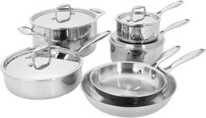 henckels clad impulse 10-pc 3-ply stainless steel pots and pans set, cookware set, fry pan, saucepan with lid, saute pan with lid, dutch oven with lid, stay-cool handles, induction stove compatible