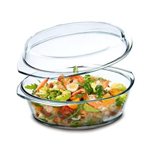 simax clear glass casserole dish, glass round casserole dish with lid and handles, covered bowl for cooking, baking, serving, microwave, dishwasher, and oven safe cookware, 1 quart