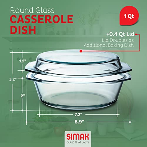Simax Clear Glass Casserole Dish, Glass Round Casserole Dish with Lid and Handles, Covered Bowl for Cooking, Baking, Serving, Microwave, Dishwasher, and Oven Safe Cookware, 1 Quart