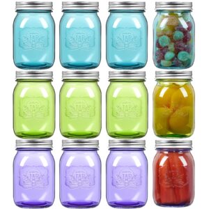goldarea glass food storage jars, regular mouth mason jars with airtight lids, canning jars, diy crafts & decor, colored food storage containers for coffee, spice, tea (three colors with 12 pieces)