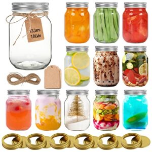 Jaisie.W Mason Jars 16 oz 12Pack with 6 Extra Lids, Glass Pint Canning Jars 16 oz - 16oz mason jars with silver lids and extra 6 gold lids for Canning/Preserving/Meal Prep