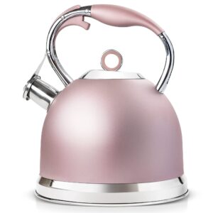 tea kettle - hihuos whistling tea pots for stove top - sleek 18/8 stainless steel stovetop kettle, easy-grip handle with trigger opening mechanism, 1 free silicone pinch mitt included (pink 2.64qt)