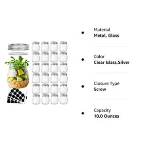 10 oz Glass Mason Jars, 24 Pack Clear Glass Jars with Regular Lids, Canning Jars for Honey, Yogurt, Wedding Favors, Food Storage, Vegetables, Includes 40 Black Labels