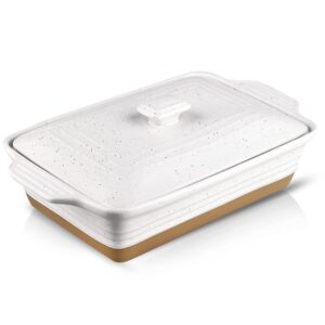 hvh ceramic casserole dish with lid oven safe, 9x13 casserole dish, covered rectangular casserole dish set, 3.5 quart large casserole dish, baking dishes for casseroles, farmhouse style (white)