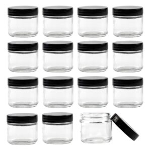 bekith 15 pack 2oz round jar straight sided clear glass jars, airtight glass jar with black plastic smooth lids
