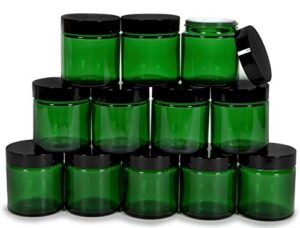 vivaplex, 12, green, 4 oz, round glass jars, with inner liners and black lids