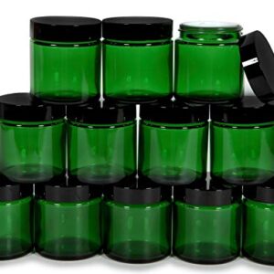 Vivaplex, 12, Green, 4 oz, Round Glass Jars, with Inner Liners and black Lids