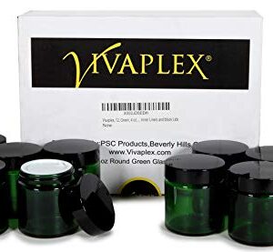 Vivaplex, 12, Green, 4 oz, Round Glass Jars, with Inner Liners and black Lids