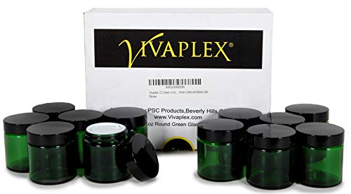 Vivaplex, 12, Green, 4 oz, Round Glass Jars, with Inner Liners and black Lids