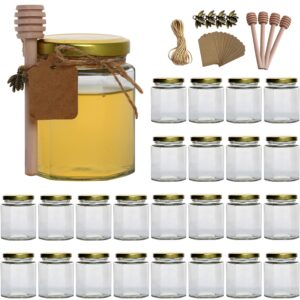 woaiwo-q 6 oz hexagon glass honey jars, glass jars with gold lids,bronzy bee pendants,wooden honey sticks,small tags,1.5m jute twine -clear hexagon jars for honey,jams, liquid.(25 pcs)…