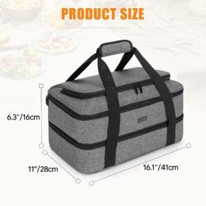 Trunab Double Decker Casserole Carrier for Hot or Cold Food Insulated Casserole Dish Carrier Thermal Tote Bag for Picnic, Fits 9"×13" Baking Dish, Grey