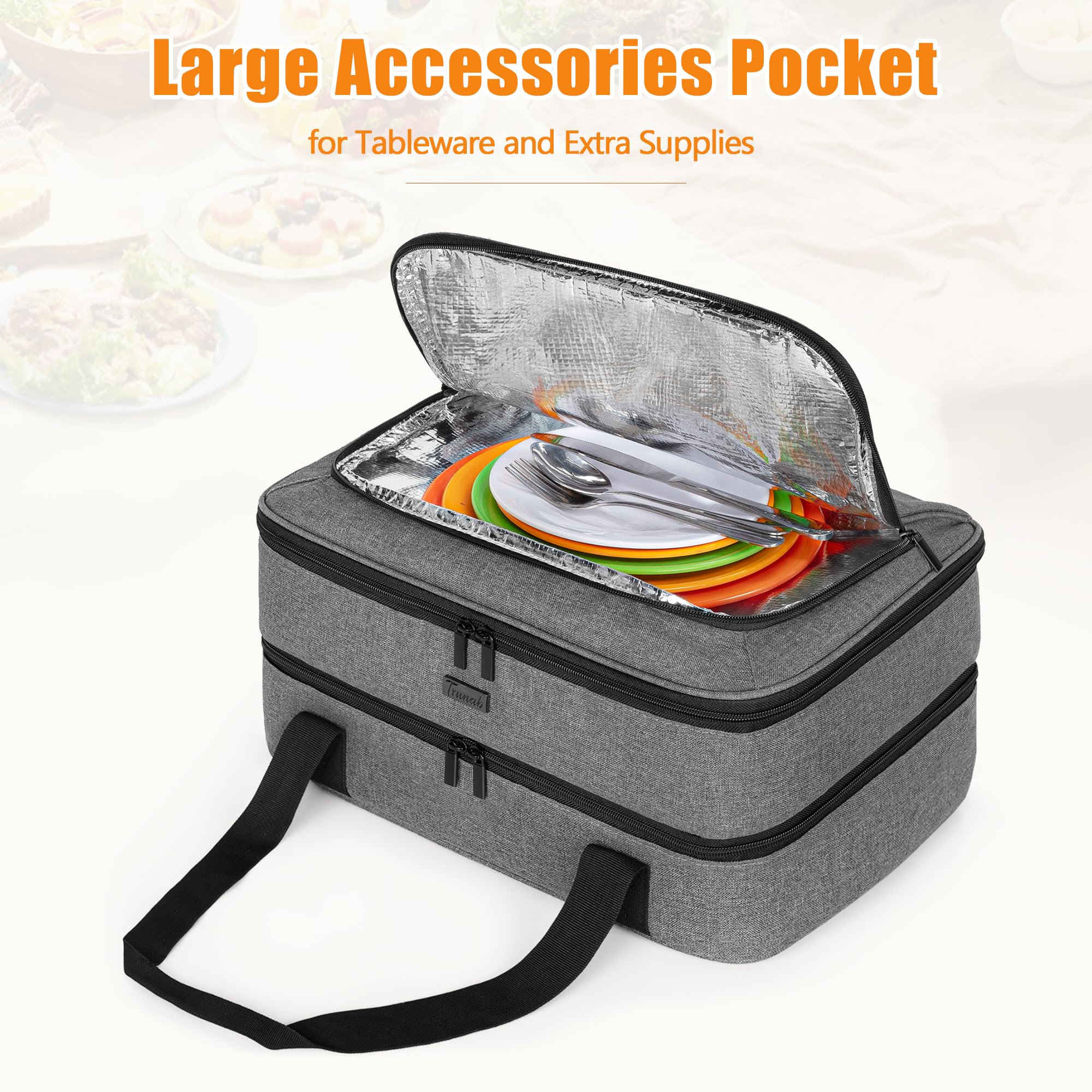 Trunab Double Decker Casserole Carrier for Hot or Cold Food Insulated Casserole Dish Carrier Thermal Tote Bag for Picnic, Fits 9"×13" Baking Dish, Grey