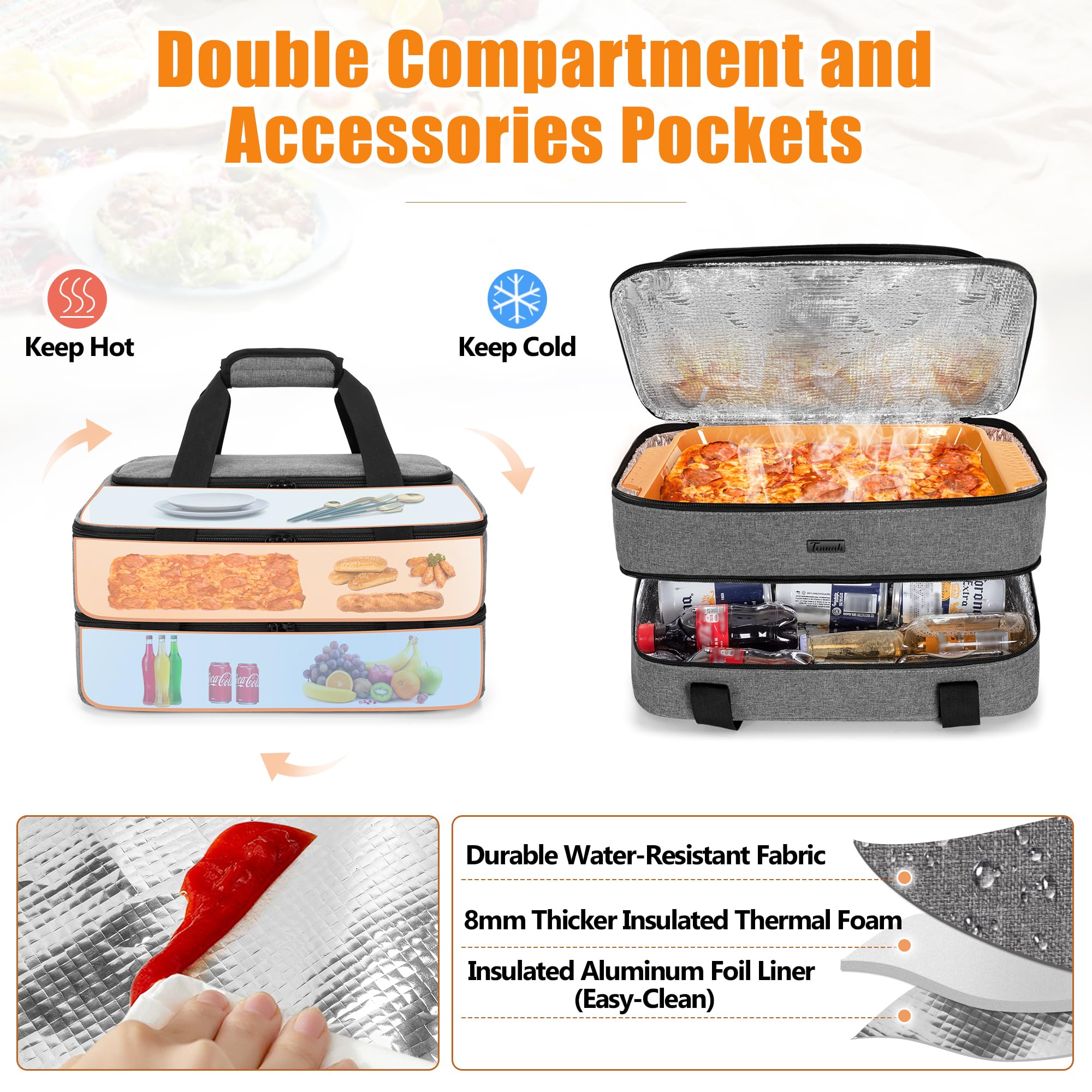 Trunab Double Decker Casserole Carrier for Hot or Cold Food Insulated Casserole Dish Carrier Thermal Tote Bag for Picnic, Fits 9"×13" Baking Dish, Grey