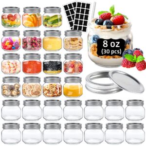 aliggbent mason jars 8 oz, 30pcs reusable mason jars with regular airtight lids and bands, clear small mason jars, 1/2 pint glass canning jars for jelly, overnight oats, jam, fruit, yogurt, crafts