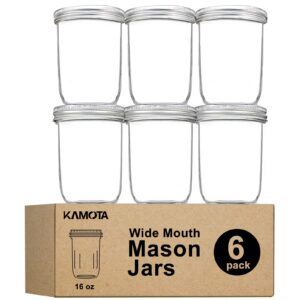 kamota wide mouth mason jars 16 oz, 16oz mason jars canning jars jelly jars with wide mouth lids and bands, ideal for jam, honey, wedding favors, shower favors, baby foods, 6 pack