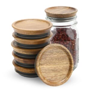 6 pack regular mouth mason jar lids reusable canning lids acacia wooden mason jar lids with airtight silicone seal, brown (6pcs regular lids)