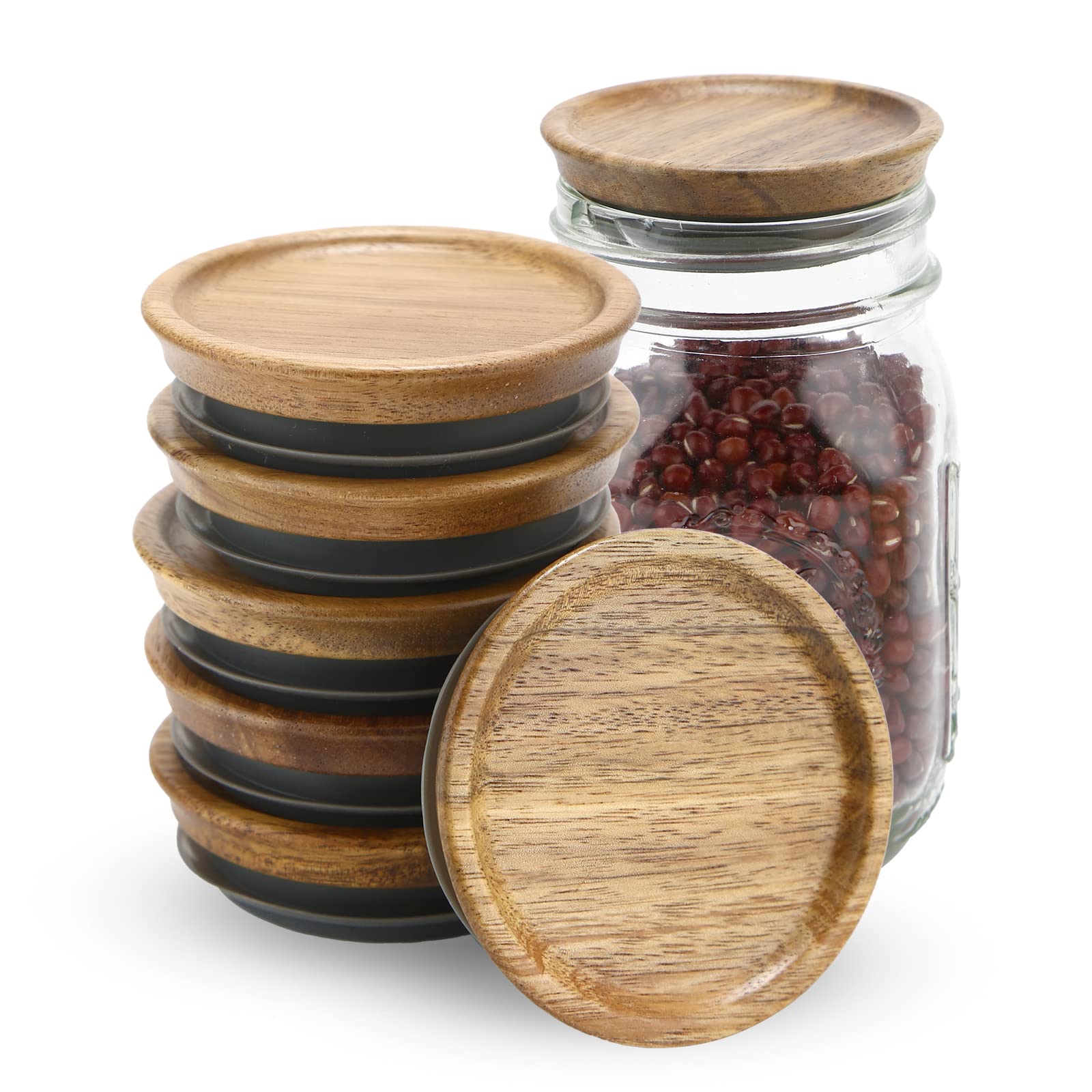 6 Pack Regular Mouth Mason Jar Lids Reusable canning lids Acacia Wooden mason jar Lids with Airtight Silicone Seal, Brown (6PCS Regular Lids)