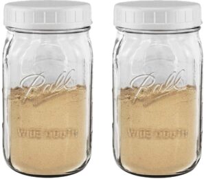 easy-busy kitchen combo of ball 32 oz.-quart clear glass mason canning jar, with eb white food storage plastic lids set of 2, wide mouth caps fit wm ball & kerr jars & containers, reusable, bpa free,