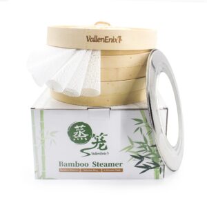 VallenEnix Bamboo Steamer Basket - 10-inch, 2-Tier, Stainless Steel Adapter Ring, 4 Silicone Liners. Natural Basket Steam, Cook Asian Food, Dim Sum, Chinese Dumplings, Bao Bun, Vegetables & Rice