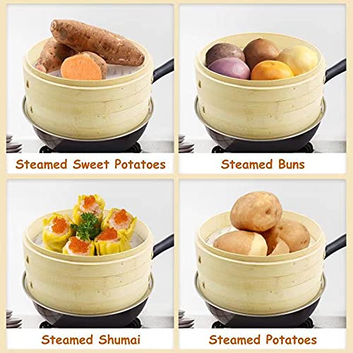 VallenEnix Bamboo Steamer Basket - 10-inch, 2-Tier, Stainless Steel Adapter Ring, 4 Silicone Liners. Natural Basket Steam, Cook Asian Food, Dim Sum, Chinese Dumplings, Bao Bun, Vegetables & Rice