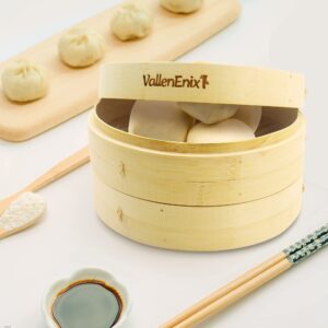 VallenEnix Bamboo Steamer Basket - 10-inch, 2-Tier, Stainless Steel Adapter Ring, 4 Silicone Liners. Natural Basket Steam, Cook Asian Food, Dim Sum, Chinese Dumplings, Bao Bun, Vegetables & Rice