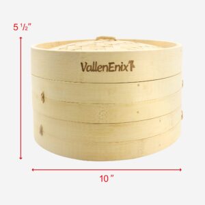 VallenEnix Bamboo Steamer Basket - 10-inch, 2-Tier, Stainless Steel Adapter Ring, 4 Silicone Liners. Natural Basket Steam, Cook Asian Food, Dim Sum, Chinese Dumplings, Bao Bun, Vegetables & Rice